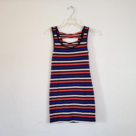 Y2K Forever 21 Striped Bodycon Dress Bows Cutout Coral Blue‎ XXI Small - Picture 11 of 12